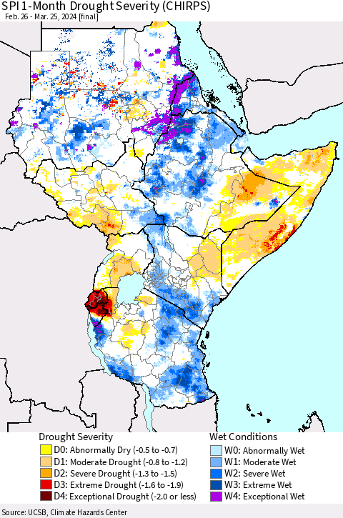 Eastern Africa SPI 1-Month Drought Severity (CHIRPS) Thematic Map For 2/26/2024 - 3/25/2024