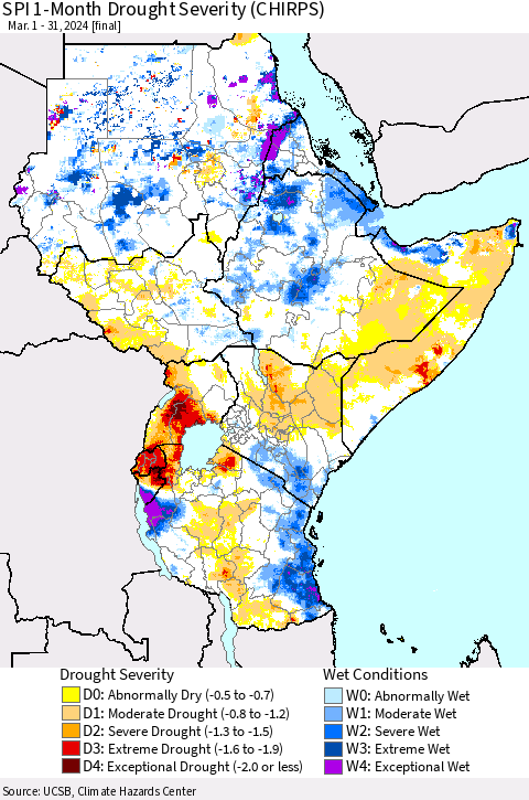 Eastern Africa SPI 1-Month Drought Severity (CHIRPS) Thematic Map For 3/1/2024 - 3/31/2024