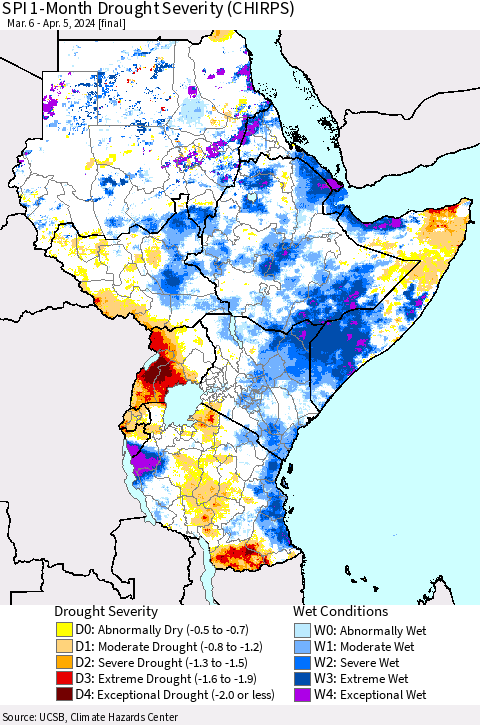 Eastern Africa SPI 1-Month Drought Severity (CHIRPS) Thematic Map For 3/6/2024 - 4/5/2024