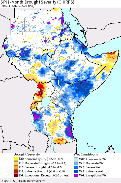 Eastern Africa SPI 1-Month Drought Severity (CHIRPS) Thematic Map For 3/11/2024 - 4/10/2024