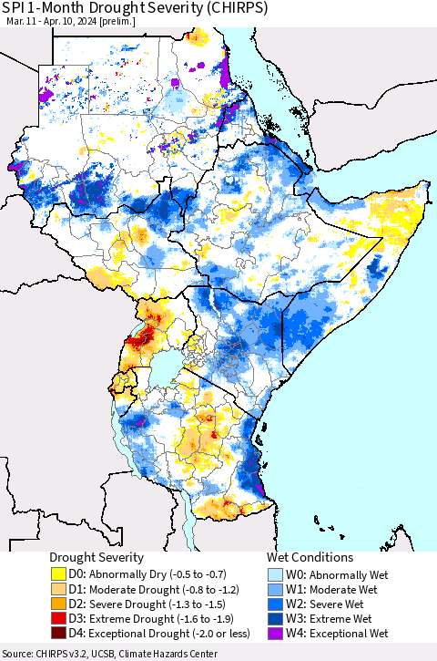Eastern Africa SPI 1-Month Drought Severity (CHIRPS) Thematic Map For 3/11/2024 - 4/10/2024