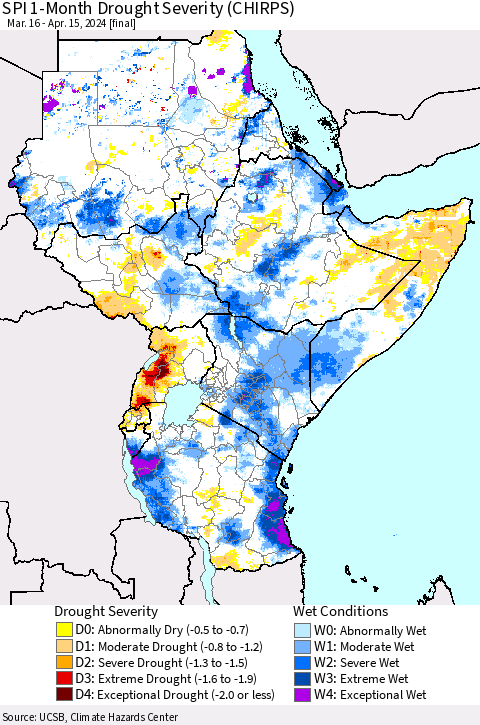Eastern Africa SPI 1-Month Drought Severity (CHIRPS) Thematic Map For 3/16/2024 - 4/15/2024