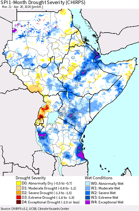 Eastern Africa SPI 1-Month Drought Severity (CHIRPS) Thematic Map For 3/21/2024 - 4/20/2024