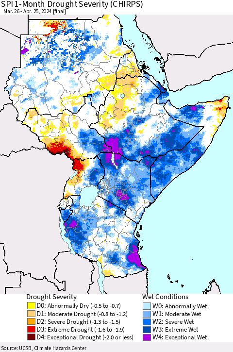 Eastern Africa SPI 1-Month Drought Severity (CHIRPS) Thematic Map For 3/26/2024 - 4/25/2024