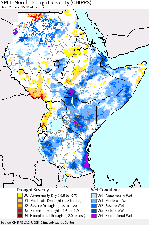 Eastern Africa SPI 1-Month Drought Severity (CHIRPS) Thematic Map For 3/26/2024 - 4/25/2024