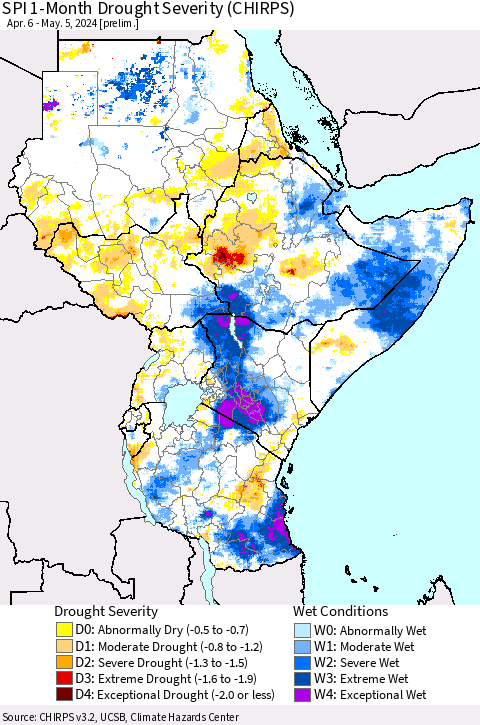 Eastern Africa SPI 1-Month Drought Severity (CHIRPS) Thematic Map For 4/6/2024 - 5/5/2024