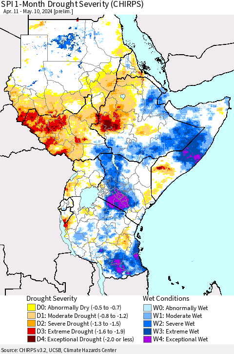 Eastern Africa SPI 1-Month Drought Severity (CHIRPS) Thematic Map For 4/11/2024 - 5/10/2024