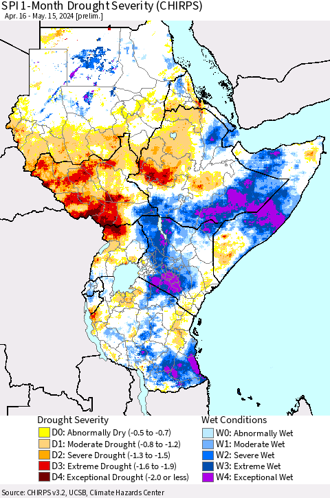 Eastern Africa SPI 1-Month Drought Severity (CHIRPS) Thematic Map For 4/16/2024 - 5/15/2024