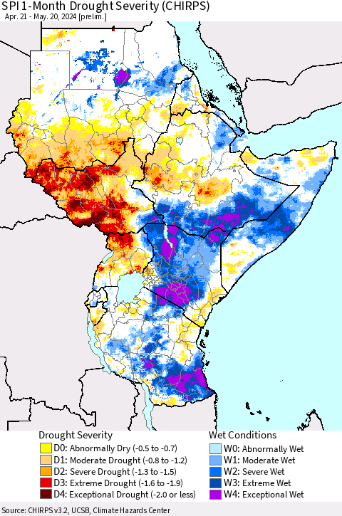 Eastern Africa SPI 1-Month Drought Severity (CHIRPS) Thematic Map For 4/21/2024 - 5/20/2024