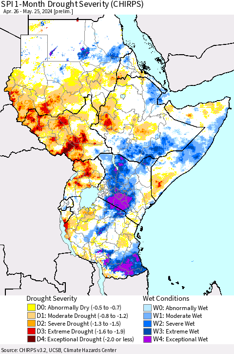 Eastern Africa SPI 1-Month Drought Severity (CHIRPS) Thematic Map For 4/26/2024 - 5/25/2024