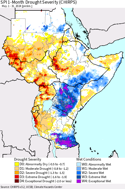 Eastern Africa SPI 1-Month Drought Severity (CHIRPS) Thematic Map For 5/1/2024 - 5/31/2024
