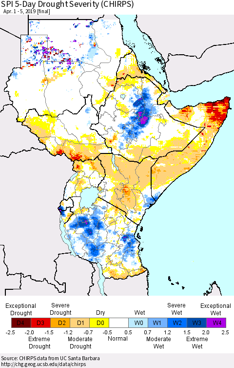 Eastern Africa SPI 5-Day Drought Severity (CHIRPS) Thematic Map For 4/1/2019 - 4/5/2019
