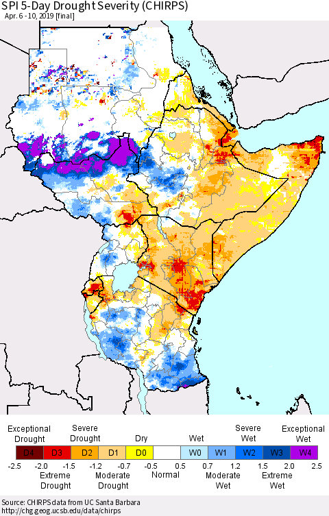 Eastern Africa SPI 5-Day Drought Severity (CHIRPS) Thematic Map For 4/6/2019 - 4/10/2019