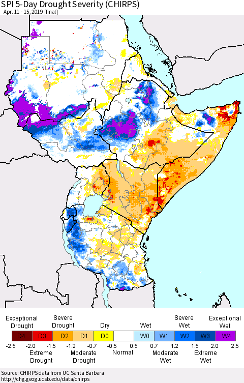 Eastern Africa SPI 5-Day Drought Severity (CHIRPS) Thematic Map For 4/11/2019 - 4/15/2019