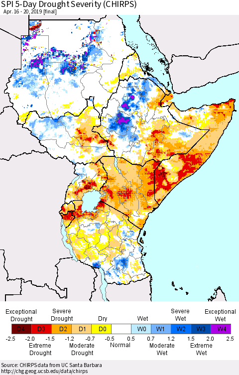 Eastern Africa SPI 5-Day Drought Severity (CHIRPS) Thematic Map For 4/16/2019 - 4/20/2019