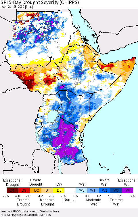 Eastern Africa SPI 5-Day Drought Severity (CHIRPS) Thematic Map For 4/21/2019 - 4/25/2019
