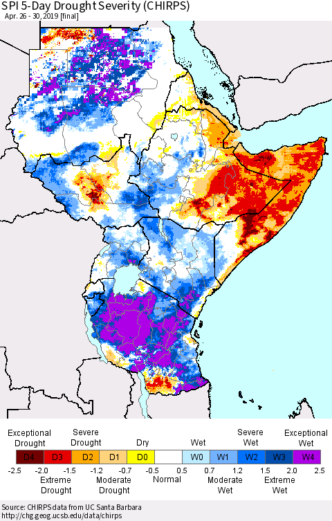 Eastern Africa SPI 5-Day Drought Severity (CHIRPS) Thematic Map For 4/26/2019 - 4/30/2019