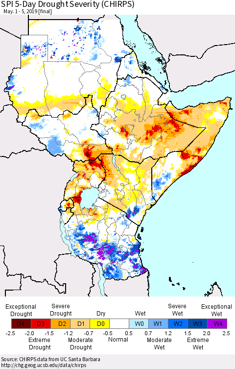 Eastern Africa SPI 5-Day Drought Severity (CHIRPS) Thematic Map For 5/1/2019 - 5/5/2019