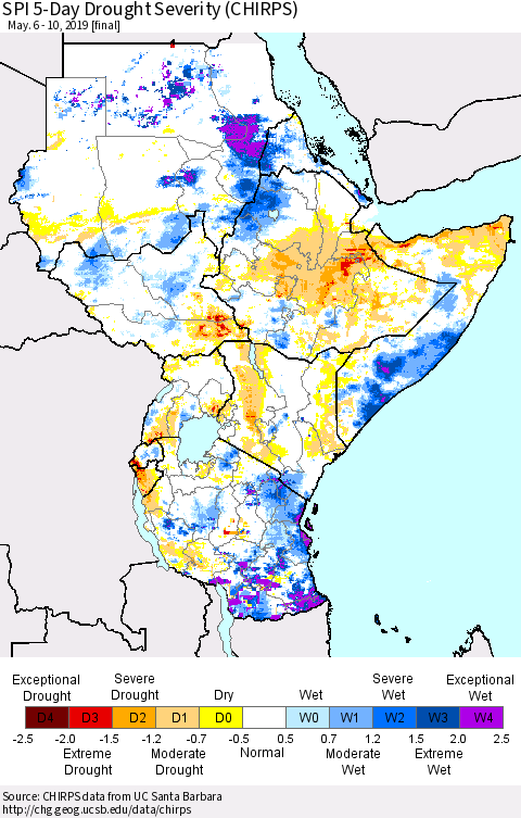 Eastern Africa SPI 5-Day Drought Severity (CHIRPS) Thematic Map For 5/6/2019 - 5/10/2019