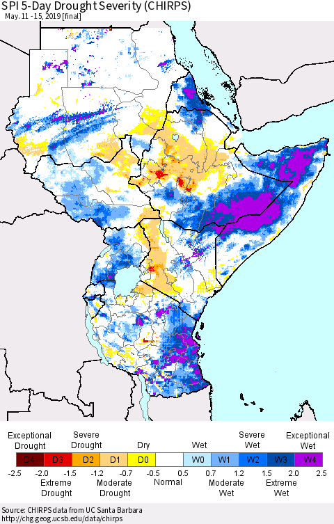 Eastern Africa SPI 5-Day Drought Severity (CHIRPS) Thematic Map For 5/11/2019 - 5/15/2019
