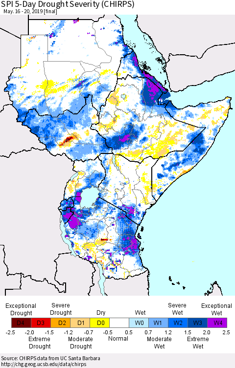 Eastern Africa SPI 5-Day Drought Severity (CHIRPS) Thematic Map For 5/16/2019 - 5/20/2019