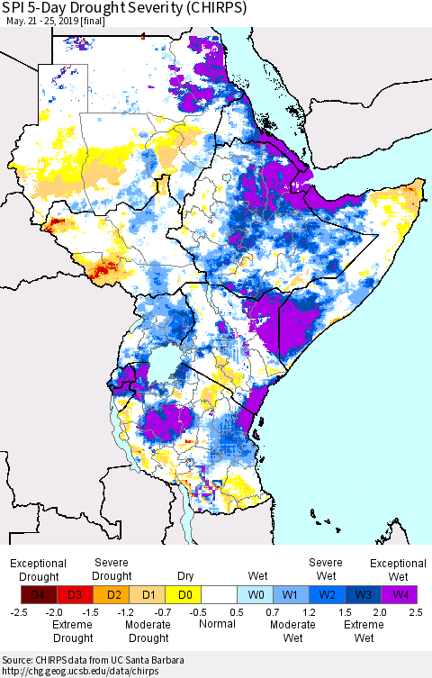 Eastern Africa SPI 5-Day Drought Severity (CHIRPS) Thematic Map For 5/21/2019 - 5/25/2019