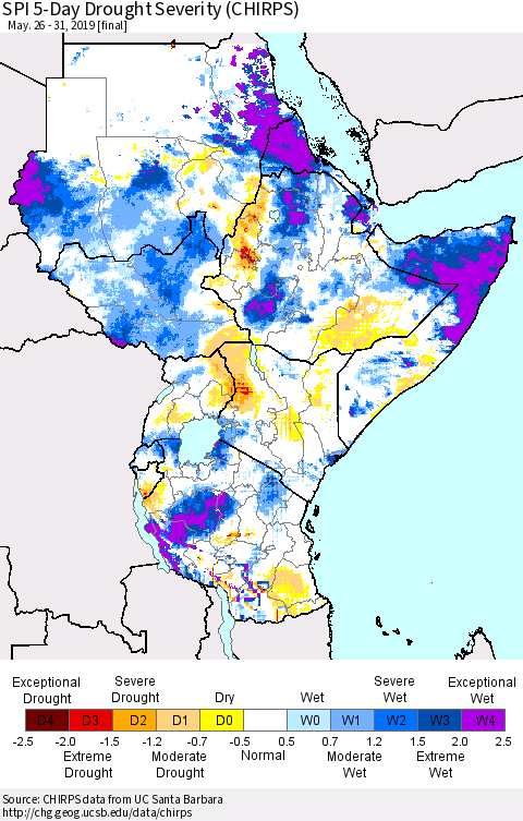 Eastern Africa SPI 5-Day Drought Severity (CHIRPS) Thematic Map For 5/26/2019 - 5/31/2019