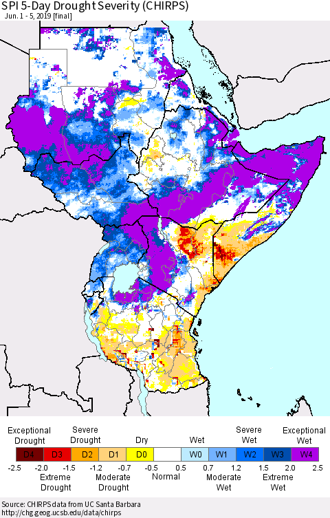 Eastern Africa SPI 5-Day Drought Severity (CHIRPS) Thematic Map For 6/1/2019 - 6/5/2019
