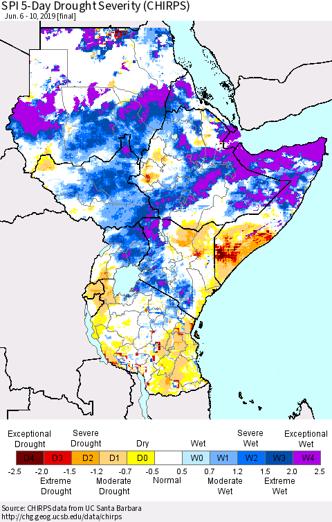 Eastern Africa SPI 5-Day Drought Severity (CHIRPS) Thematic Map For 6/6/2019 - 6/10/2019