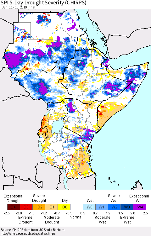 Eastern Africa SPI 5-Day Drought Severity (CHIRPS) Thematic Map For 6/11/2019 - 6/15/2019