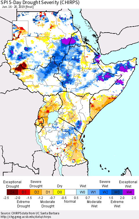 Eastern Africa SPI 5-Day Drought Severity (CHIRPS) Thematic Map For 6/16/2019 - 6/20/2019