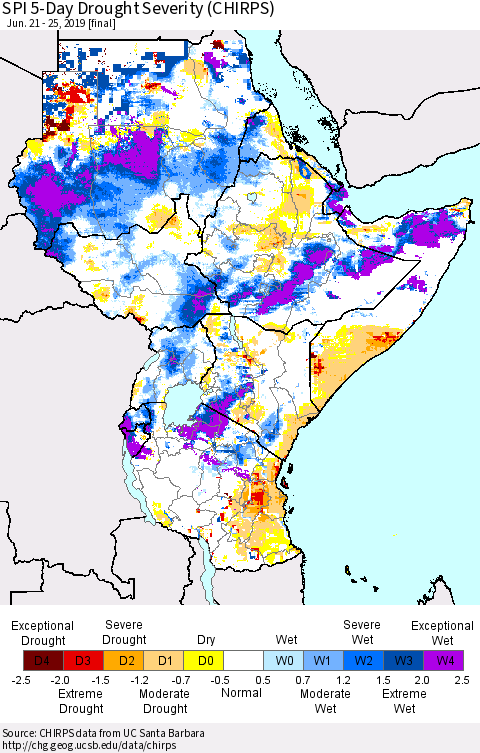 Eastern Africa SPI 5-Day Drought Severity (CHIRPS) Thematic Map For 6/21/2019 - 6/25/2019