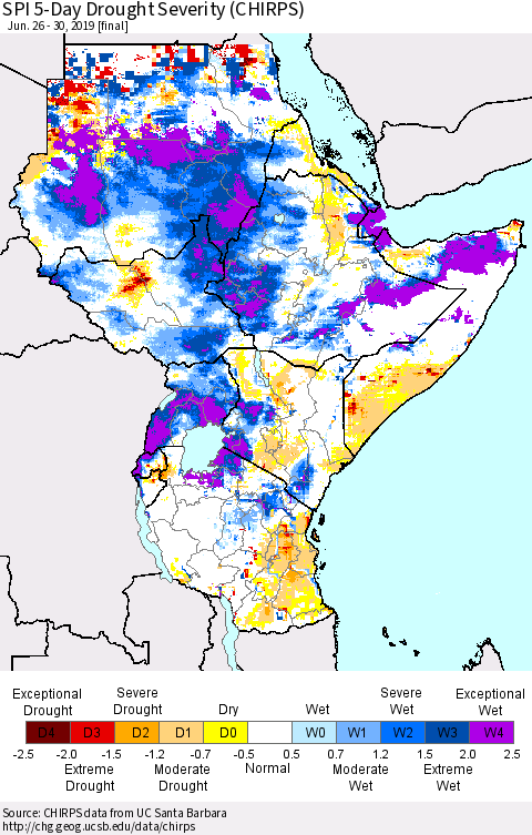 Eastern Africa SPI 5-Day Drought Severity (CHIRPS) Thematic Map For 6/26/2019 - 6/30/2019