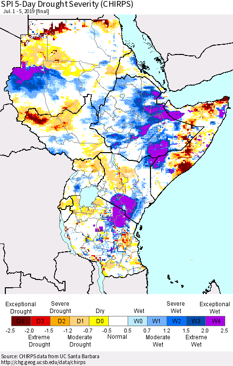 Eastern Africa SPI 5-Day Drought Severity (CHIRPS) Thematic Map For 7/1/2019 - 7/5/2019