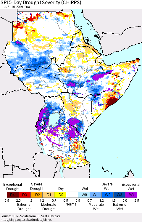 Eastern Africa SPI 5-Day Drought Severity (CHIRPS) Thematic Map For 7/6/2019 - 7/10/2019