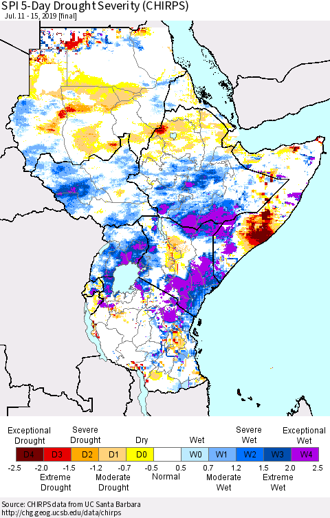 Eastern Africa SPI 5-Day Drought Severity (CHIRPS) Thematic Map For 7/11/2019 - 7/15/2019