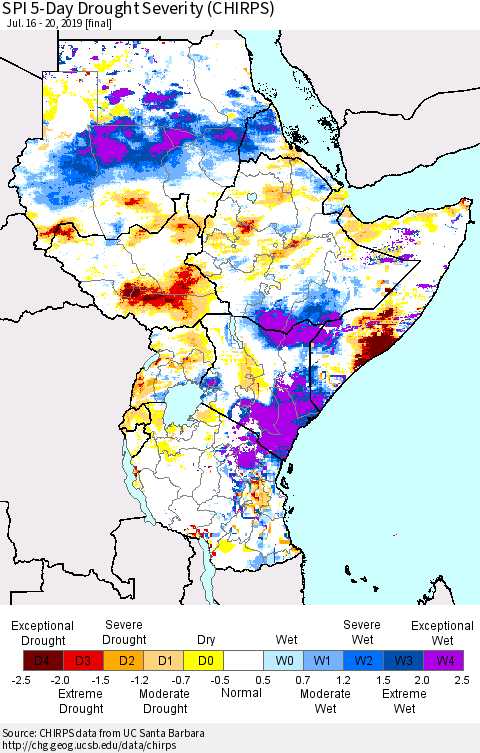 Eastern Africa SPI 5-Day Drought Severity (CHIRPS) Thematic Map For 7/16/2019 - 7/20/2019