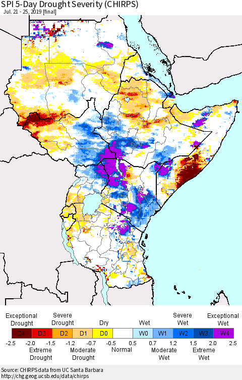 Eastern Africa SPI 5-Day Drought Severity (CHIRPS) Thematic Map For 7/21/2019 - 7/25/2019