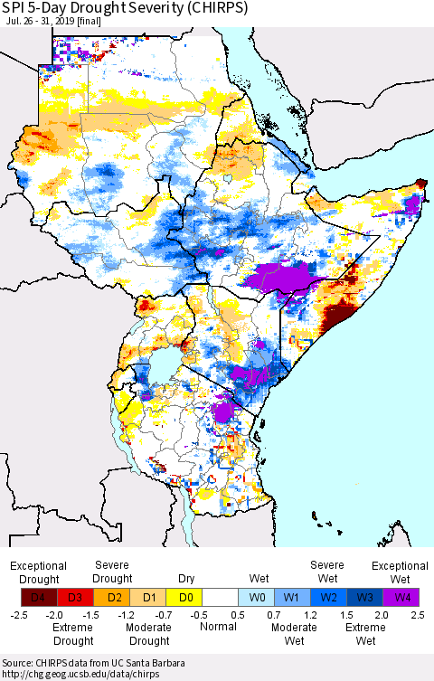 Eastern Africa SPI 5-Day Drought Severity (CHIRPS) Thematic Map For 7/26/2019 - 7/31/2019
