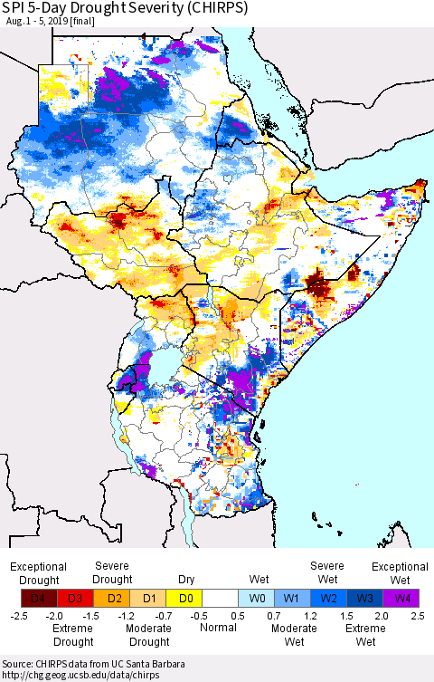 Eastern Africa SPI 5-Day Drought Severity (CHIRPS) Thematic Map For 8/1/2019 - 8/5/2019