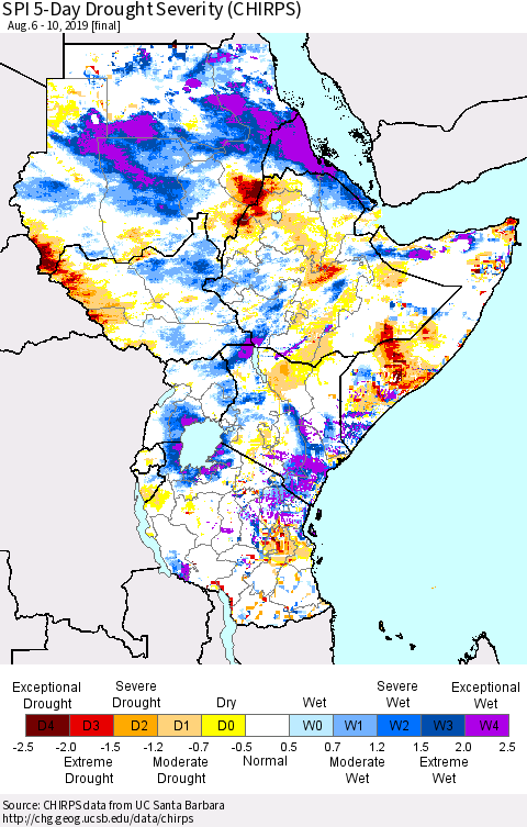 Eastern Africa SPI 5-Day Drought Severity (CHIRPS) Thematic Map For 8/6/2019 - 8/10/2019