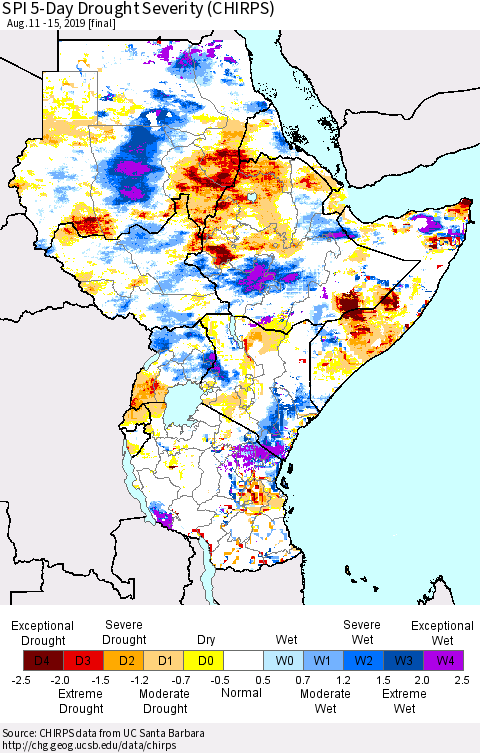 Eastern Africa SPI 5-Day Drought Severity (CHIRPS) Thematic Map For 8/11/2019 - 8/15/2019