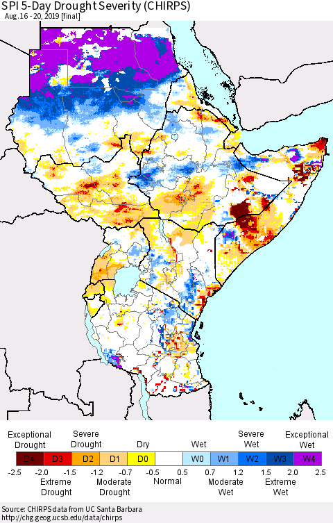 Eastern Africa SPI 5-Day Drought Severity (CHIRPS) Thematic Map For 8/16/2019 - 8/20/2019