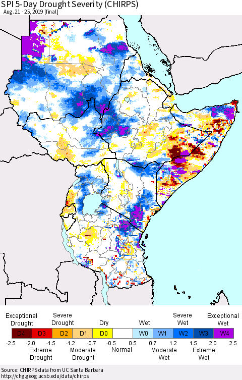 Eastern Africa SPI 5-Day Drought Severity (CHIRPS) Thematic Map For 8/21/2019 - 8/25/2019