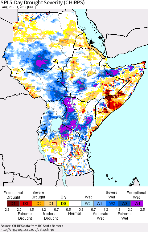 Eastern Africa SPI 5-Day Drought Severity (CHIRPS) Thematic Map For 8/26/2019 - 8/31/2019