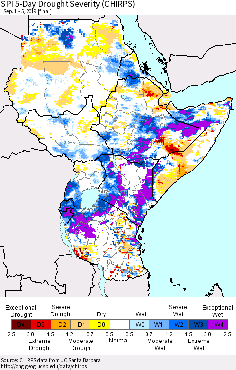Eastern Africa SPI 5-Day Drought Severity (CHIRPS) Thematic Map For 9/1/2019 - 9/5/2019
