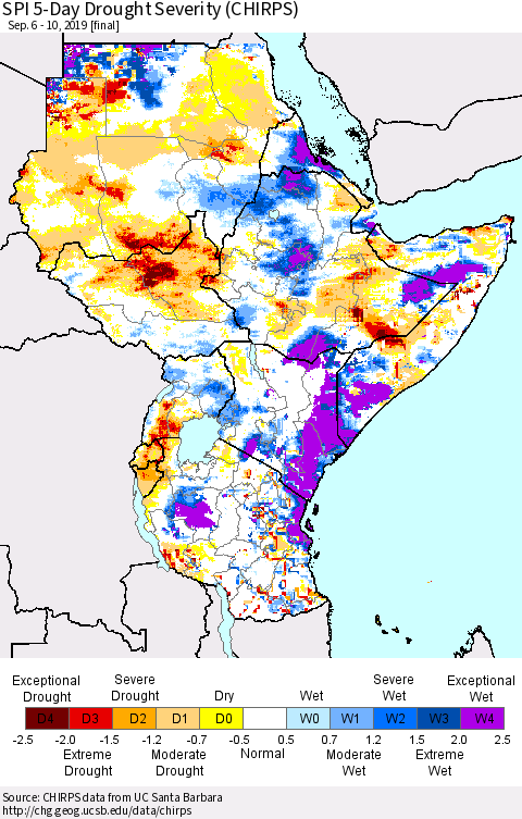 Eastern Africa SPI 5-Day Drought Severity (CHIRPS) Thematic Map For 9/6/2019 - 9/10/2019