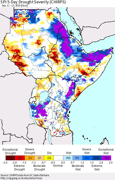 Eastern Africa SPI 5-Day Drought Severity (CHIRPS) Thematic Map For 9/11/2019 - 9/15/2019
