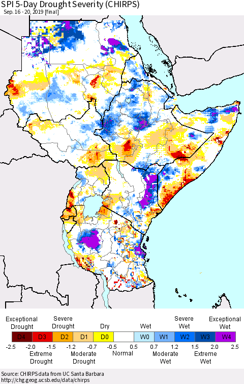 Eastern Africa SPI 5-Day Drought Severity (CHIRPS) Thematic Map For 9/16/2019 - 9/20/2019