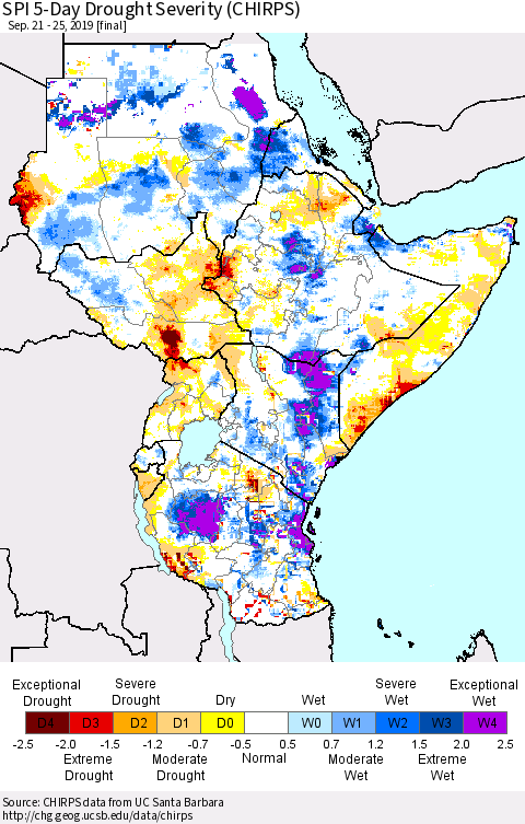 Eastern Africa SPI 5-Day Drought Severity (CHIRPS) Thematic Map For 9/21/2019 - 9/25/2019